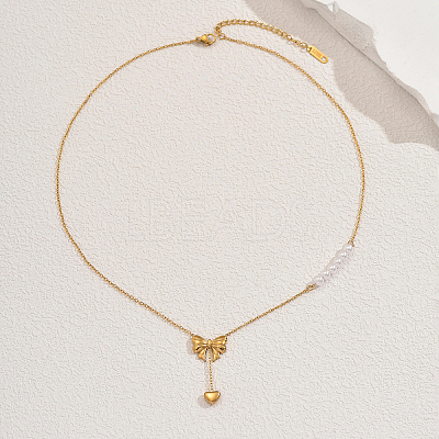 Stainless Steel & Imitation Pearl Bowknot Heart Pendant Necklaces for Women Daily Wear YC4857-1