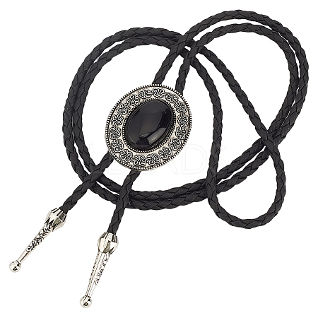 1Pc Alloy & Acrylic Imitation Synthetic Turquoise Oval Pendant Black PU Leather Cord Boho Tie Lariat Necklaces NJEW-GF0001-22-1