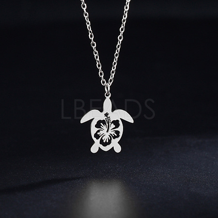 Ocean 304 Stainless Steel Hollow Floral Turtle Pendant Necklaces for Women WG89907-01-1