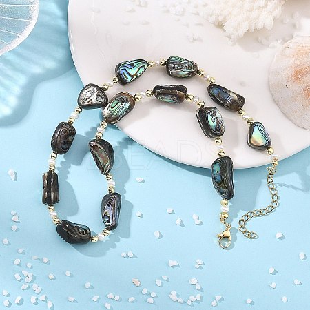 Nuggets Natural Abalone Shell/Paua Shell & Pearl Beaded Necklaces NJEW-JN06377-1