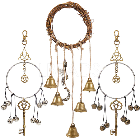 Rattan & Iron Witch Bells for Door Knob for Protection AJEW-CN0002-54-1