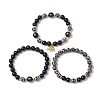 3Pcs 3 Styles 8mm Round Natural Tibetan 3-Eye dZi Agate & Eyeless Obsidian Beaded Stretch Bracelet Sets BJEW-JB10336-4