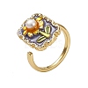 Flower Pattern Brass Enamel & Natural Freshwater Pearl Open Cuff Rings for Women RJEW-G342-01G-01-4