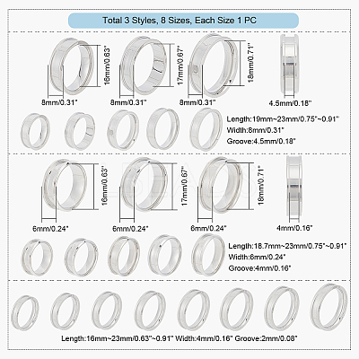24Pcs 24 Style 201 & 304 Stainless Steel Grooved Finger Ring Settings STAS-UN0044-15-1