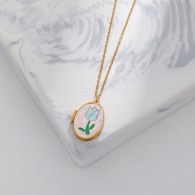 304 Stainless Steel Enamel Geometric Magnetic Photo Locket Pendant Necklaces for Women WG980C2-02-1