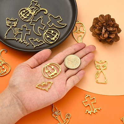 16Pcs 8 Style Halloween Theme Alloy Open Back Bezel Pendants PALLOY-CJ0002-14-1