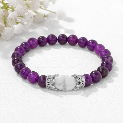 8MM Round Natural Amethyst Beaded Stretch Bracelets with Oval Synthetic Howlite Beads WG9ED28-01-1