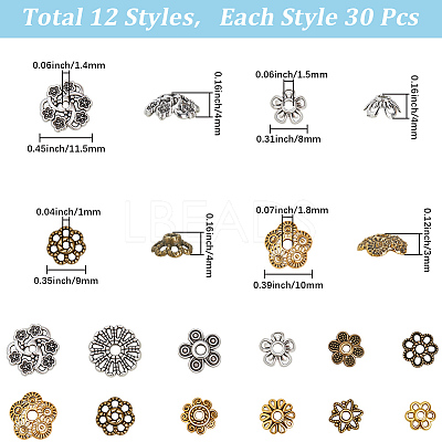 360Pcs 12 Styles Tibetan Style Alloy Bead Caps TIBE-SC0002-30-1