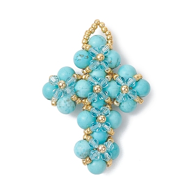 Synthetic Green Turquoise Round Beads & Glass Seed Beaded Cross Pendants PALLOY-MZ01151-04-1