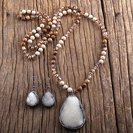 Teardrop Bohemian Style Glass with Natural Picture Jasper Pendant Necklace & Dangle Earrings Sets FS-WG0DE9F-05-1