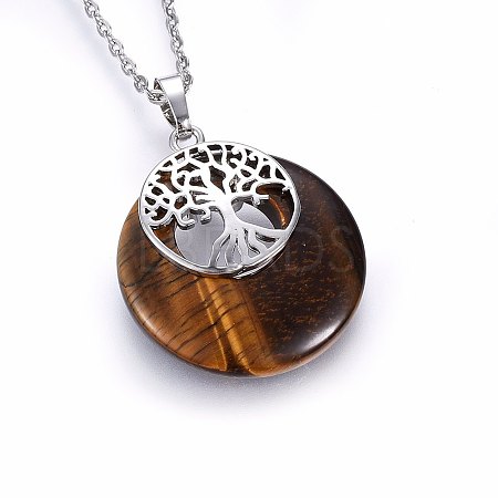 Natural Tiger Eye Flat Round Pendants G-I357-A04-1
