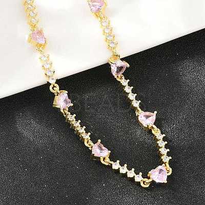 Brass Pave Pink Cubic Zirconia Heart Link Chain Necklaces KK-CBA4547-16A-G-1