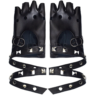 2 Pairs PU Leather Biker Punk Gloves with Belt AJEW-CL0003-02-1