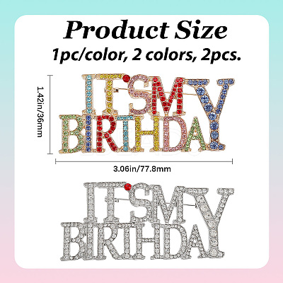 2Pcs 2 Styles It's My Birthday Alloy Rhinestone Brooches for Backpack Clothes JEWB-GF0011-51A-1