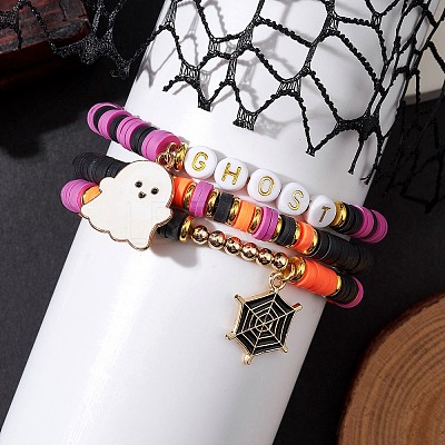 3Pcs Halloween Theme Handmade Polymer Clay Beaded Stretch Bracelets X1-BJEW-TA00466-1