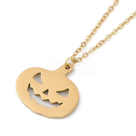Halloween Series 202 Stainless Steel Cable Chain Pumpkin Pendant Necklaces NJEW-S005-01G-B-1
