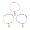 3Pcs 3 Color Glass Seed Beaded Stretch Bracelets Set with Natural Shell Charms BJEW-JB09660-1