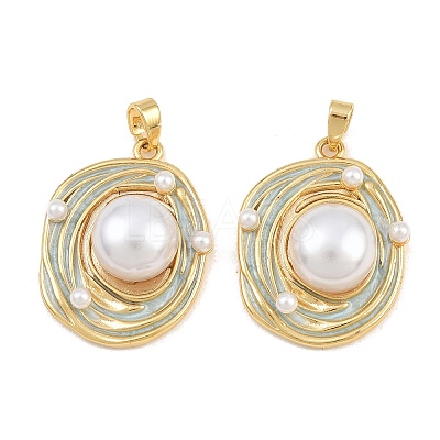 Brass with Aqua Enamel & ABS Plastic Pearl Pendants KK-CBA415D-06G-1