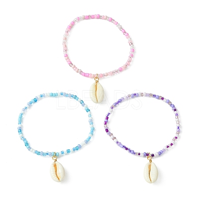 3Pcs 3 Color Glass Seed Beaded Stretch Bracelets Set with Natural Shell Charms BJEW-JB09660-1