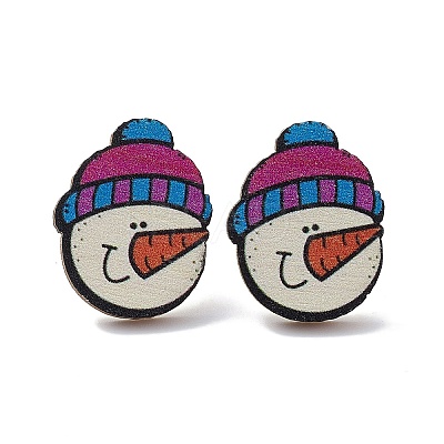 Christmas Printed Wooden Stud Earrings EJEW-D046-08-1