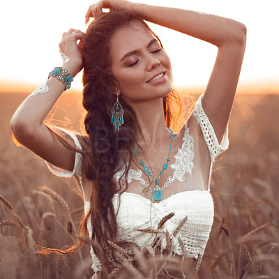 2 Sets 2 Style Synthetic Turquoise Teardrop Lariat Necklace & Chandelier & Oval Beaded Stretch Bracelet SJEW-AN0001-02-1