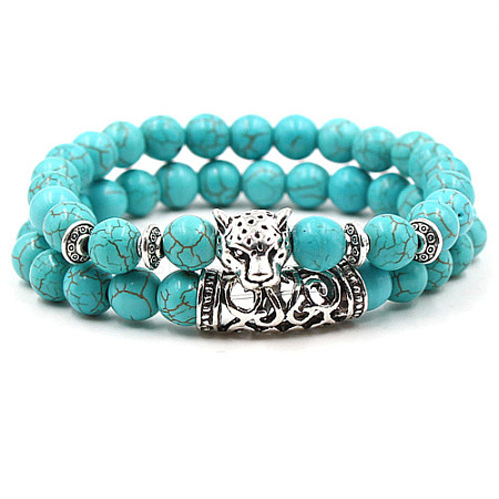 2Pcs Synthetic Turquoise Stretch Bracelet Sets for Women Men IX3190-6-1