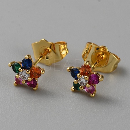 Brass with Colorful Cubic Zirconia Stud Earrings EJEW-G365-02-1