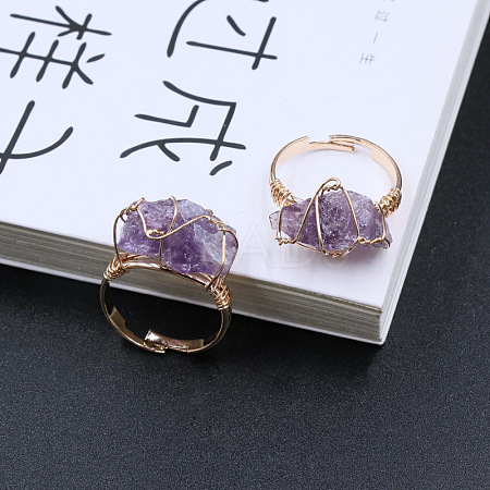 Nuggets Alloy Wire Wrapped Natural Amethyst Cuff Rings FS-WGA7830-01-1