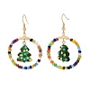 Glass Seed Beaded Ring with Lampwork Christmas Tree Dangle Earrings EJEW-TA00231-1