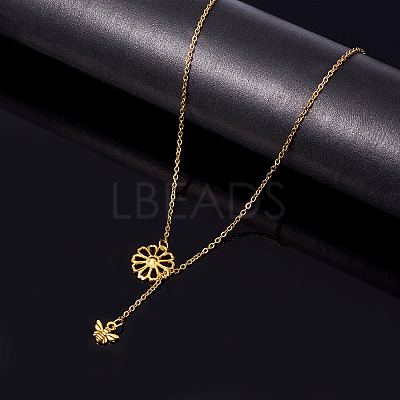 Adjustable 304 Stainless Steel Cable Chain Necklaces Flower & Bees Alloy Charm Lariat Necklaces for Women NJEW-TAC0017-02-1