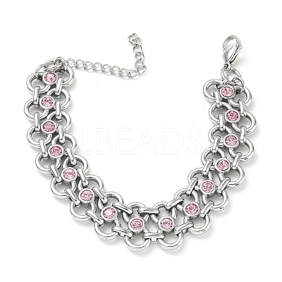 304 Stainless Steel Light Rose Rhinestone Bowknot Link Chain Bracelets SA-CBA2696-11P-1