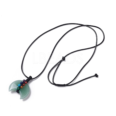 Adjustable Natural Green Aventurine Double Horn Pendant Necklace with Wax Cord for Women NJEW-B086-01G-1