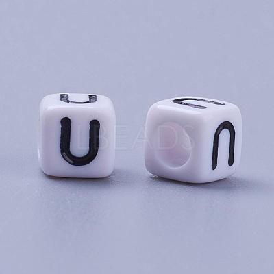Letter U White Letter Acrylic Cube Beads X-PL37C9308-U-1