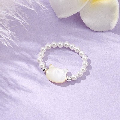 Cat Shaped Natural White Shell Beaded Stretch Finger Rings RJEW-TA00175-1