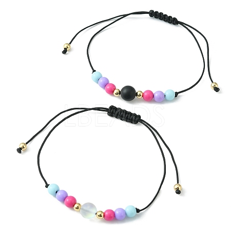 2Pcs 2 Style Natural Black Agate & Synthetic Moonstone & Acrylic Round Braided Bead Bracelets Set BJEW-JB09443-1