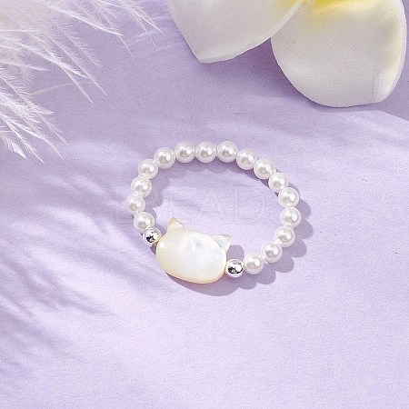 Cat Shaped Natural White Shell Beaded Stretch Finger Rings RJEW-TA00175-1