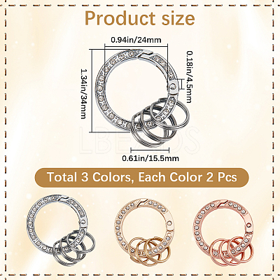 6Pcs 3 Colors Alloy Crystal Rhinestone Spring Gate Rings FIND-GF0007-96-1