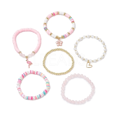 6Pcs 6 Styles Handmade Polymer Clay Heishi & Glass & Electroplate Non-magnetic Synthetic Hematite & Rose Quartz Beads Stretch Bracelets & Alloy Enamel Charm Bracelets BJEW-JB12231-1