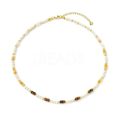 Natural Pink Aventurine & Yellow Aventurine & Tiger Eye Heishi Beads and Natural Cultured Freshwater Pearl Rice Beaded Necklaces for Women NJEW-JN06294-03-1