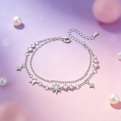 Brass Pave Clear Cubic Zirconia Star Tassel 2-Strand Bracelets for Women WG8024F-01-1