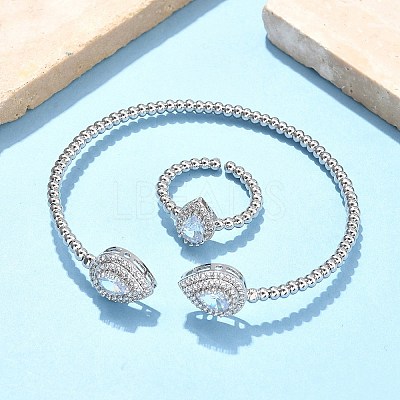 Teardrop Brass Micro Pave Cubic Zirconia Cuff Bangles & Rings Sets for Women SJEW-R002-04P-01-1