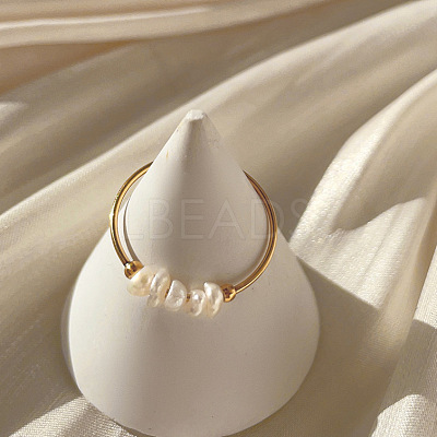 304 Stainless Steel with Natural Baroque Pearl Rondelle Beaded Finger Rings FS-WG39983-01-1