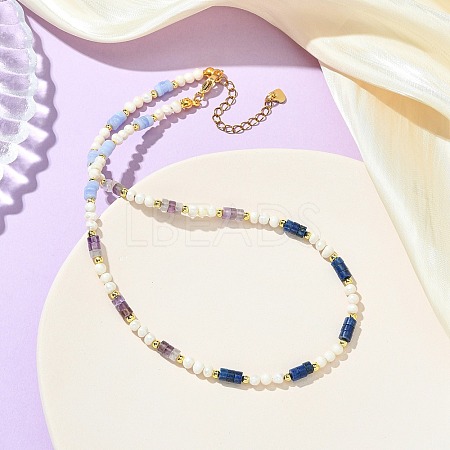 Natural Amethyst & Lapis Lazuli  & Synthetic Blue Lace Agate Heishi Beads and Natural Cultured Freshwater Pearl Rice Beaded Necklaces for Women NJEW-JN06294-02-1