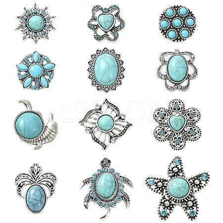 12Pcs 12 Styles Alloy Rhinestone & Resin Imitation Turquoise Snap Buttons BUTT-CJ0001-04-1