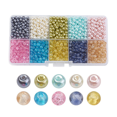 Mixed Baking Painted Crackle Glass & Glass Pearl Bead Sets HY-X0009-4mm-06-1