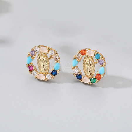 Cubic Zirconia Oval with Virgin Mary Stud Earrings PW23031866152-1