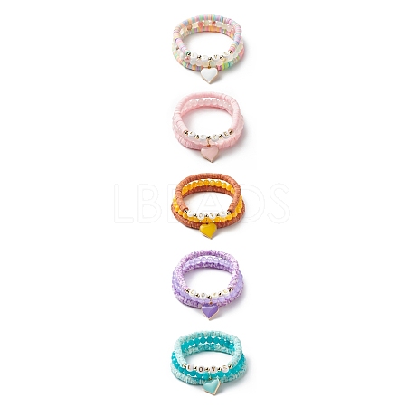 3Pcs 3 Style Natural Gemstone & Acrylic Word Love Beaded Stretch Bracelets Set with Alloy Enamel Heart Charms BJEW-JB08924-1