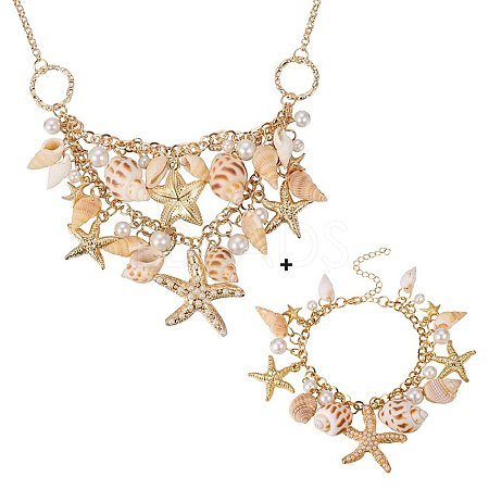 Trendy Shell Charm Bracelets & Bib Necklaces Sets SJEW-PH0001-01-1