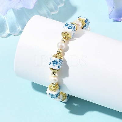 Flower Printed Handmade Porcelain Cube & Natural Pearl Beaded Necklaces BJEW-JB14176-1