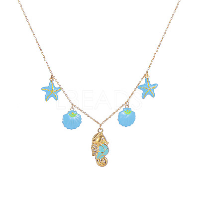 Ocean 304 Stainless Steel Enamel Sea Horse Shell Starfish Pendant Bib Necklaces for Women WG1595B-01-1